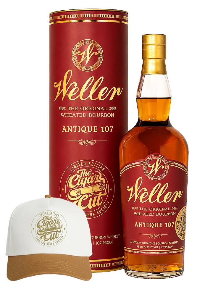 W.L. Weller 7 Year Old "Cigar Cut" Antique 107 Kentucky Wheated Bourbon Whiskey 700mL + Snapback Cap