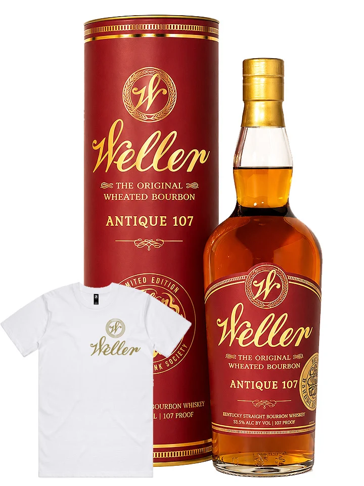 W.L. Weller 7 Year Old "Cigar Cut" Antique 107 Kentucky Wheated Bourbon Whiskey 700mL + Tee Shirt Bundle