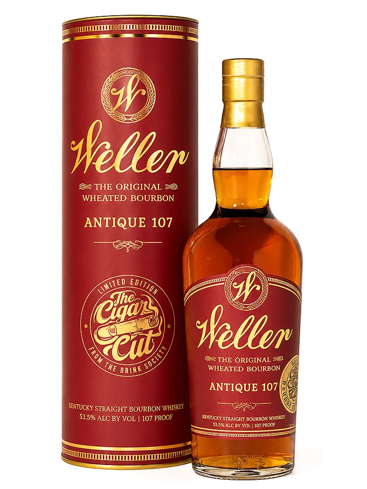 W.L. Weller 7 Year Old "Cigar Cut" Antique 107 Kentucky Wheated Bourbon Whiskey 700mL