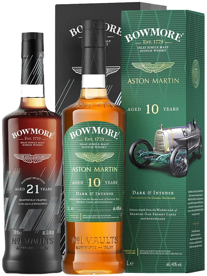 Bowmore 10 + 21 Year Old Aston Martin Editons Bundle Single Malt Scotch Whisky 700mL + 1L