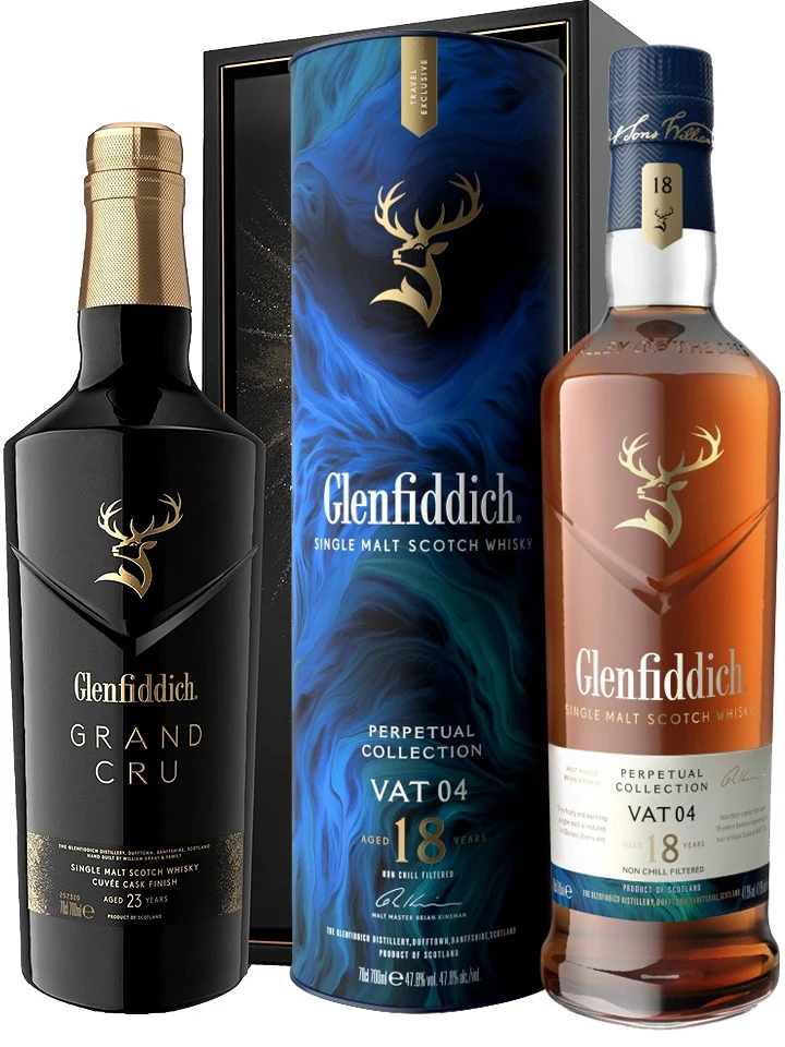 Glenfiddich 23 Year Old Grand Cru Cuvee Cask Finish 43% + 18 Year Old Perpetual Collection VAT 04 Single Malt Scotch Whisky 2 x 700mL