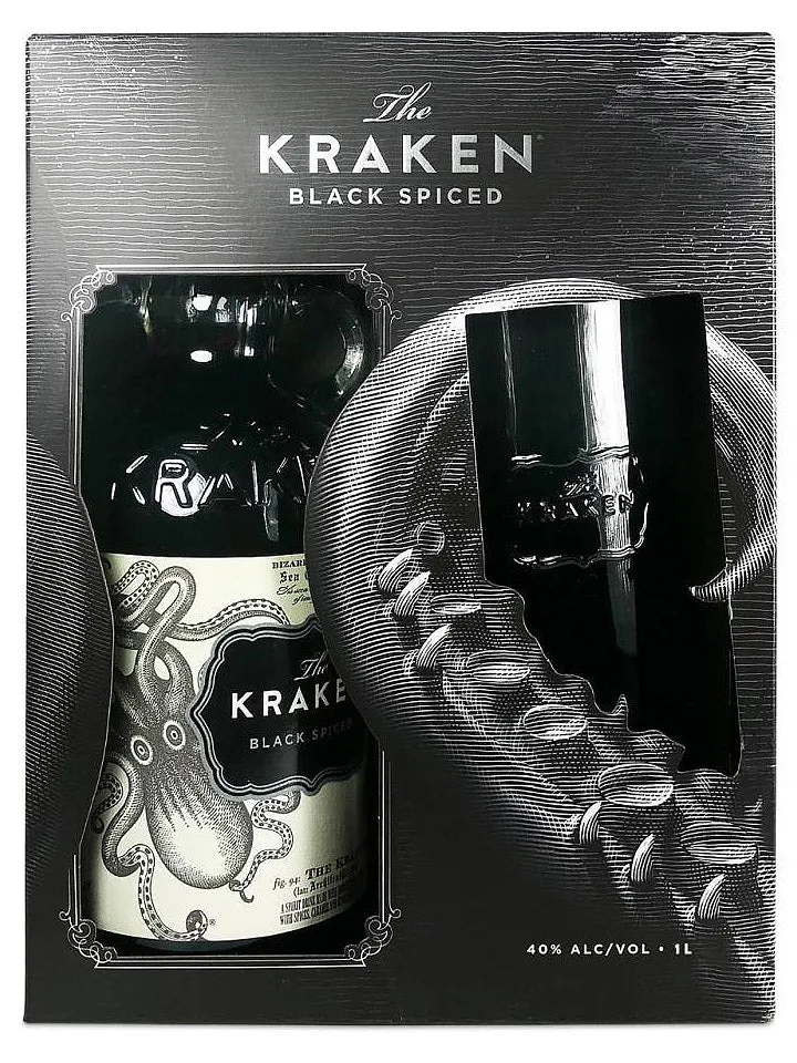 Kraken Black Spiced Rum 1L + Smoked Highball Glass Gift Pack