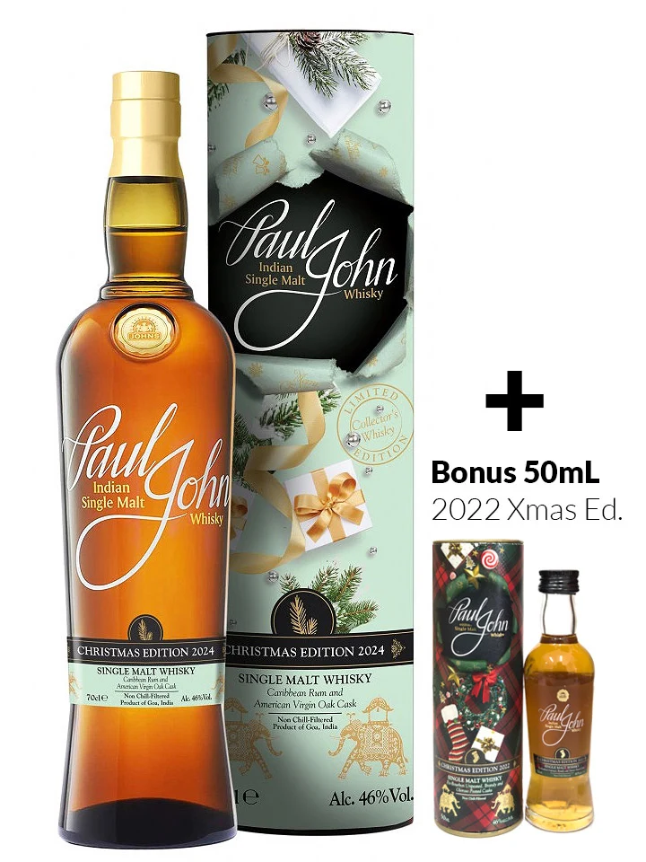 Paul John Christmas Edition 2024 Single Malt Indian Whisky 700mL + Bonus 2022 Edition 50mL