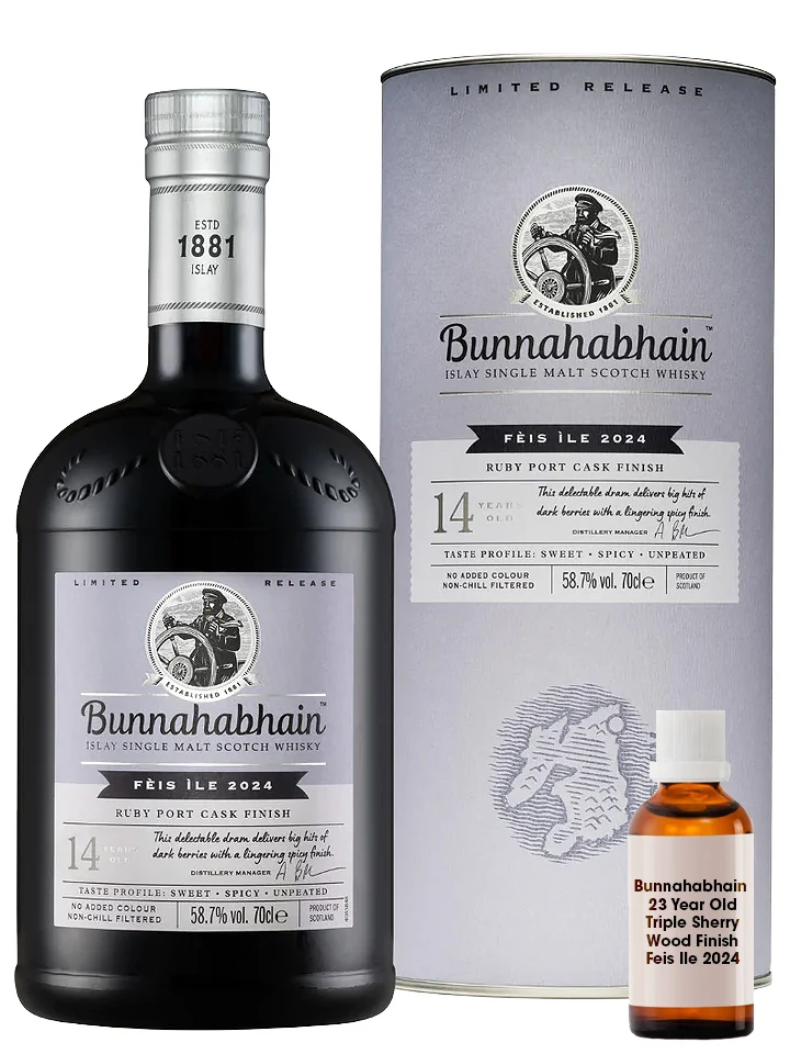 Bunnahabhain 14 Year Old Fèis Ìle 2024 Ruby Port Cask Finish Cask Strength Single Malt Scotch Whisky 700mL + 15mL Sample