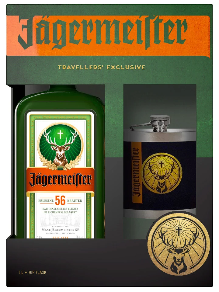 Jagermeister Herb Liqueur + Hip Flask Gift Pack 1L