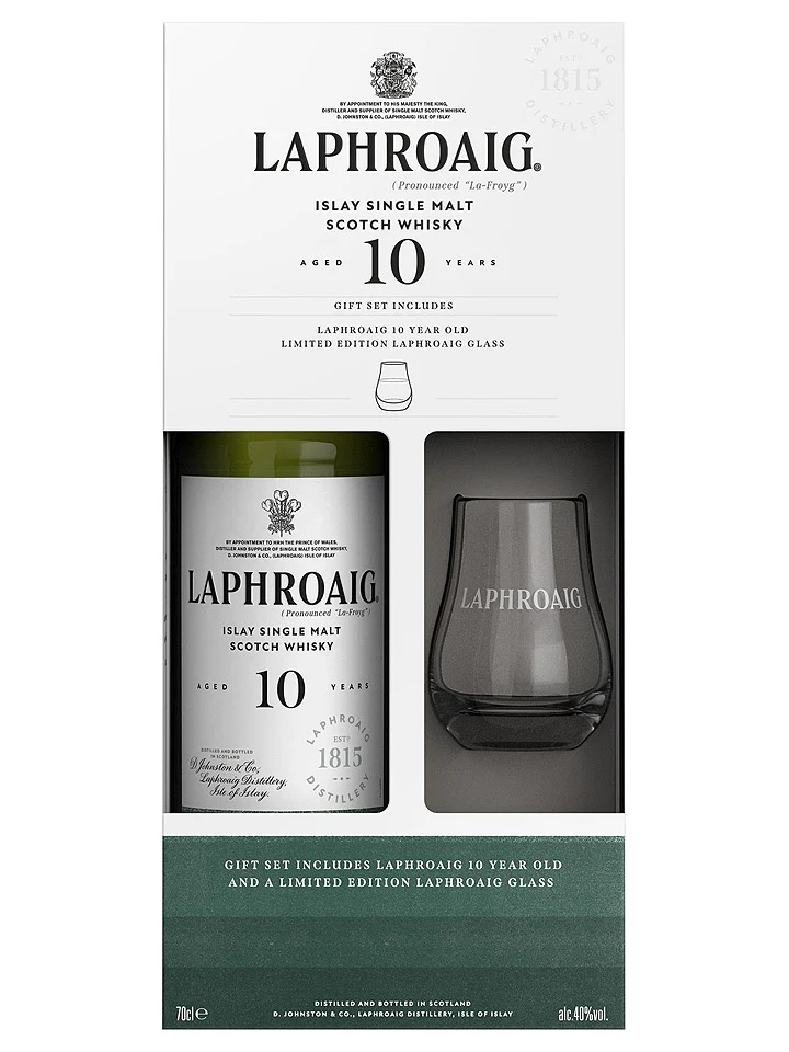 Laphroaig 10 Year Old Single Malt Scotch Whisky 700mL + Glass Gift Set