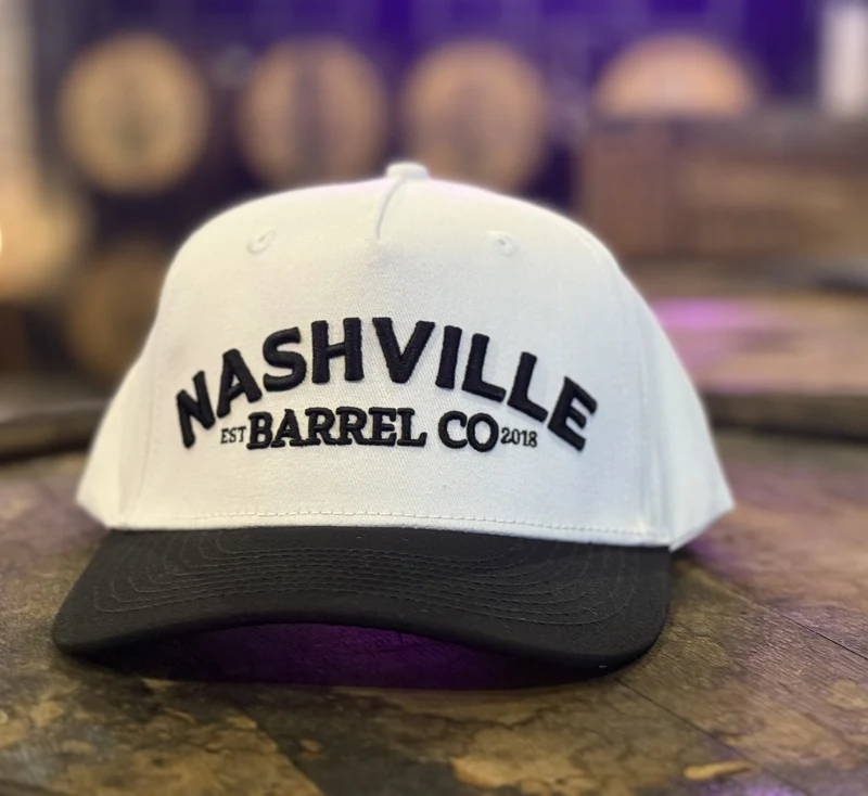 Nashville Barrel Co Puffy Letters - Black on White Hat