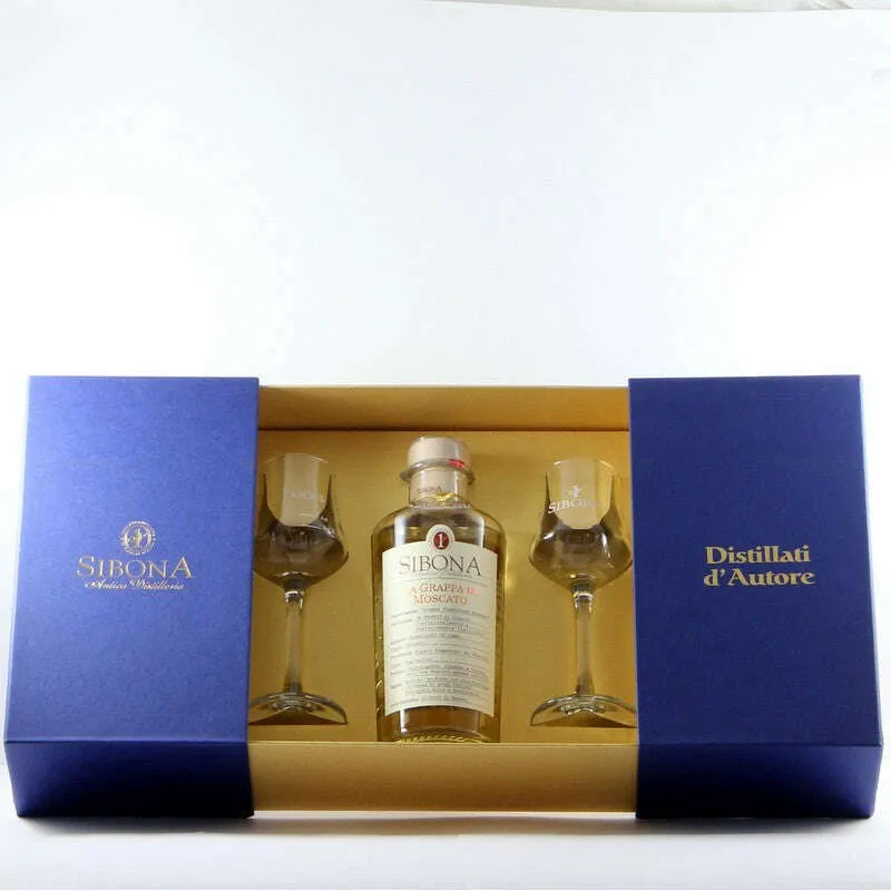 SIBONA Confezione Regalo Primo Piano con Grappa Moscato (50CL, 40% Vol.) + 2 bicchieri