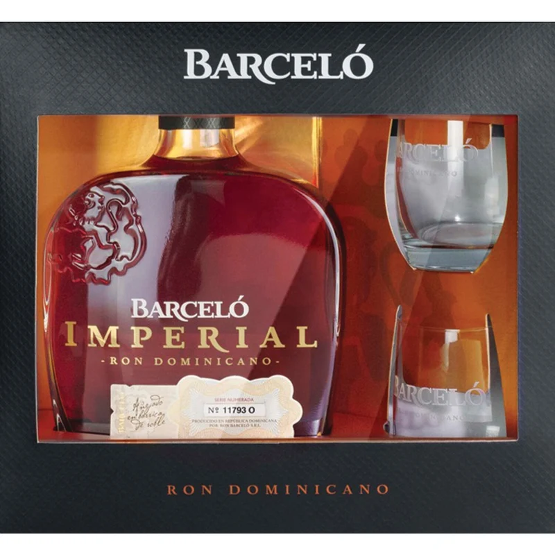 Ron Barcelo Gold Rum Imperial W/ 2 Rocks Glasses