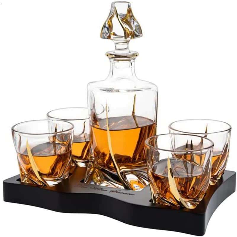 European Style Gold Wine & Whiskey Gold Twist Spiral Decanter 855ml with 4 Glasses & Wood Tray Set by The Wine Savant